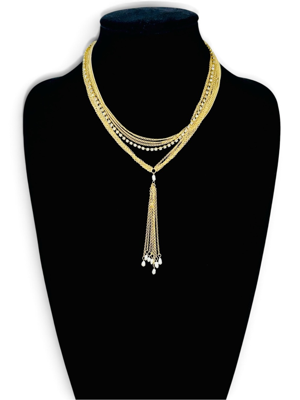Ettika Gold Pearl Chain Tassel Statement Necklace NWT